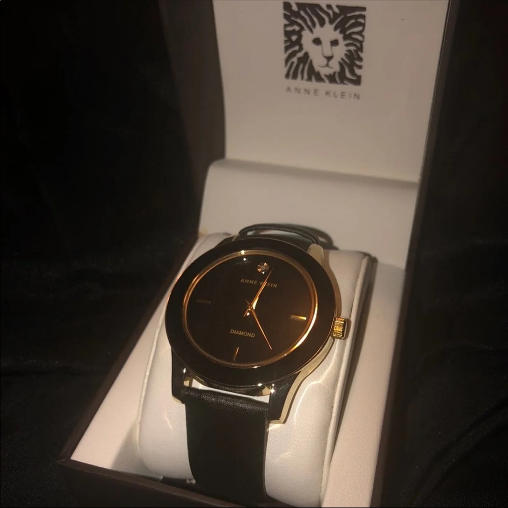 Anne Klein Women's Diamond Accent Black Leather Strap Watch 42mm